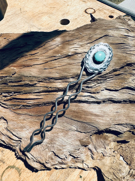 HAND PRESSED STERLING SILVER + KINGMAN TURQUOISE HAIR FORK