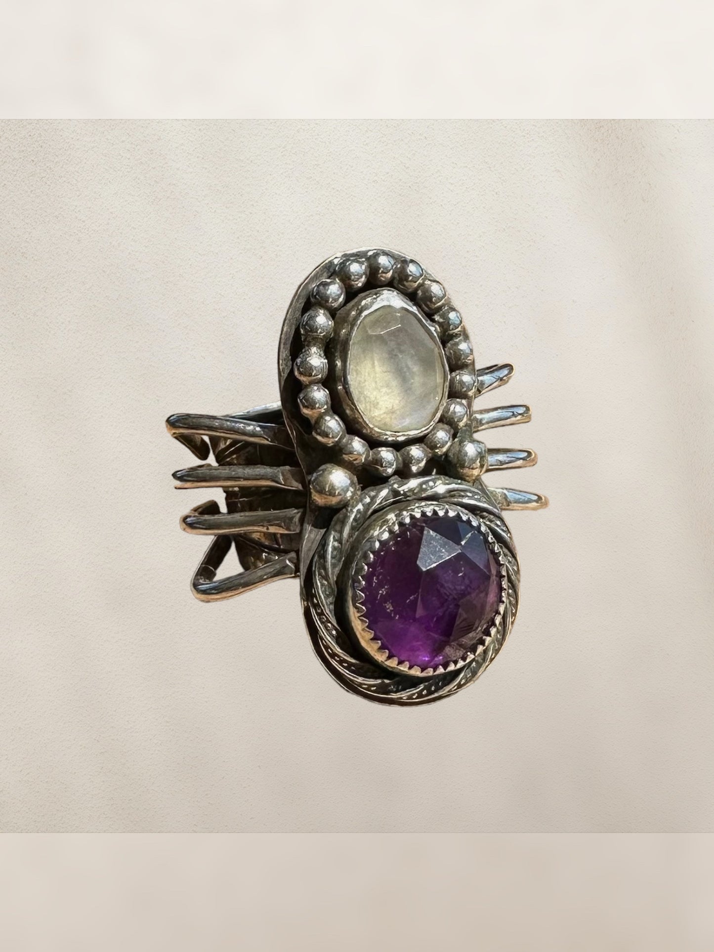 STERLING SILVER + AMETHYST+MOONSTONE SPIDER RING 7.5